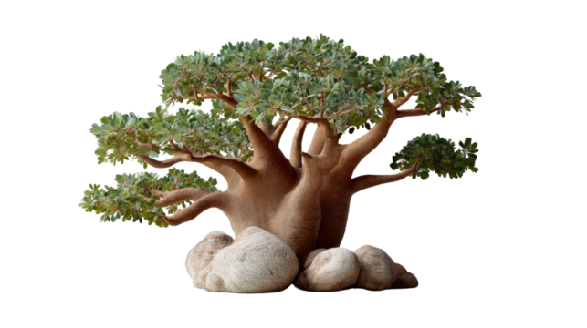 Baobab Tree's Resilience: A magnificent baobab tree, showcasing its unique form with broad trunk and sparse foliage, stands majestically among scattered stones.