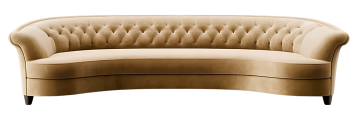 Isolated png beige curved velvet luxury designer sofa, transparent background ড়স্.