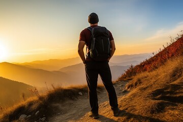 A solo hiker stands on a mountain trail, gazing at the stunning sunset over the rugged landscape, enjoying the serenity of nature