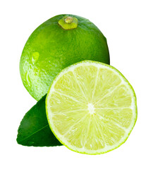 Top view of fresh green lemon fruit with half and green leaf in stack isolated on white background with clipping path