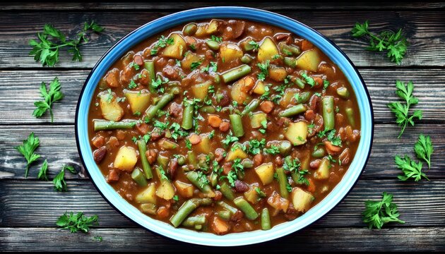 Hearty vegetable stew in a blue bowl