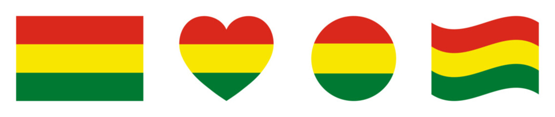 Obraz premium Bolivia national flags set in square, heart, circle and waving formats. Bolivia flags collection. Set of Bolivia flags icons isolated on white background. Vector illustration.