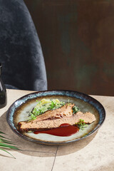 Beef rib brisket with mashed potatoes and spinach, bright natural light, closeup composition