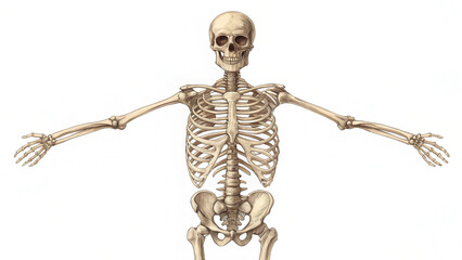 "Complete human skeleton illustration, isolated and centered, transparent background, no text or labels."

