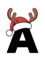 Festive Letter A with Reindeer Antlers and Santa Hat, Playful letter A illustration featuring reindeer antlers and a red Santa hat, perfect for Christmas, winter holidays, and seasonal designs.

