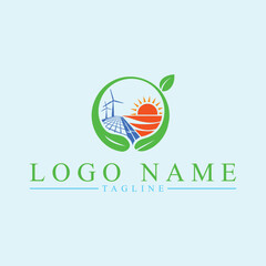 Green Energy Logo with Leaf, Windmills, and Solar Panels