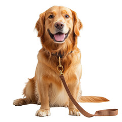 A brown dog is sitting on a white background with a leash