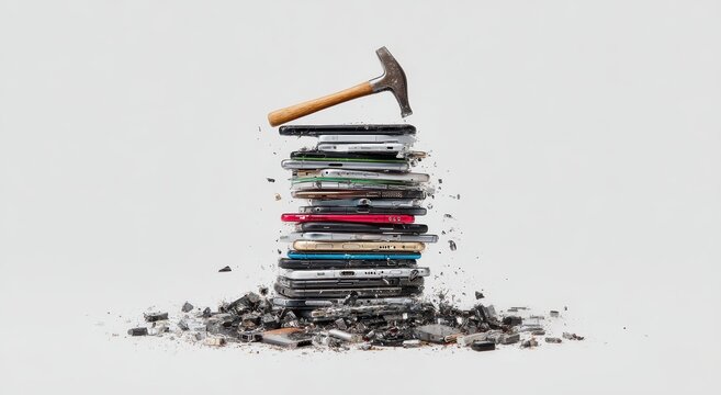 A hammer poised above a collapsing stack of smashed cell phones, debris scattering on a white background