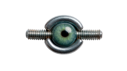 Mechanical Eye: A surreal image of an eye encased in metal, evoking themes of observation and artificiality. The eye's iris and pupil are in sharp focus.