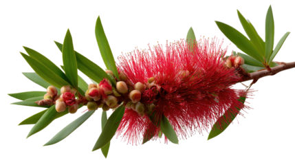 Vibrant Bottlebrush Bloom: An enchanting close-up of a bottlebrush flower displays its crimson petals and unique shape with delicate details and vivid colors.