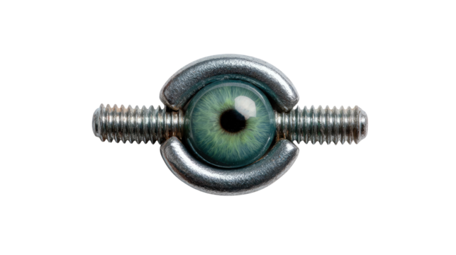 Mechanical Eye: A surreal image of an eye encased in metal, evoking themes of observation and artificiality. The eye's iris and pupil are in sharp focus.