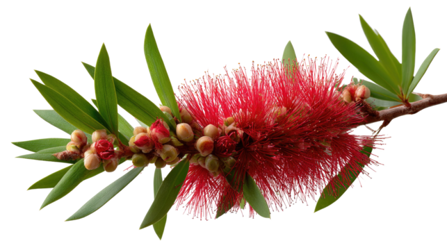 Vibrant Bottlebrush Bloom: An enchanting close-up of a bottlebrush flower displays its crimson petals and unique shape with delicate details and vivid colors.