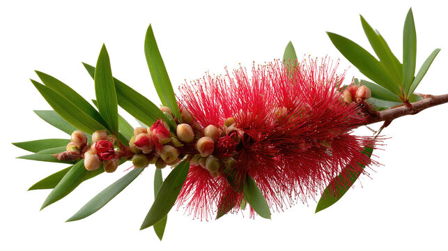 Crimson Bloom: A close-up shot of a vibrant red callistemon flower in full bloom, with its unique bottlebrush shape, and rich color, creating a captivating contrast against the backdrop.