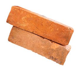 Side view of two cracked old red or orange bricks in stack isolated on white background with clipping path