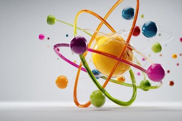 3D illustration of a colorful atom model with electrons orbiting