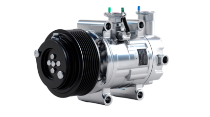 Automotive Air Conditioning Compressor: A detailed, isolated view of a high-performance air conditioning compressor. Ideal for automotive and industrial applications.