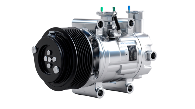 Automotive Air Conditioning Compressor: A detailed, isolated view of a high-performance air conditioning compressor. Ideal for automotive and industrial applications.