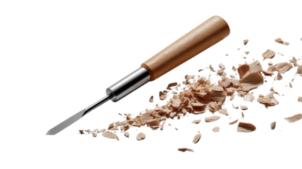 Wood Carving Tool in Action: A sharp wood carving tool with a wooden handle is shown in mid-air, flinging wood shavings in its wake.