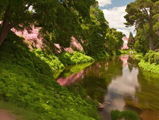 River flowing through a park with vibrant pink blossoms and lush greenery