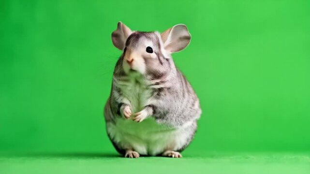 A charming chinchilla with gray fur standing upright against a vibrant green background in studio setting green screen animal video