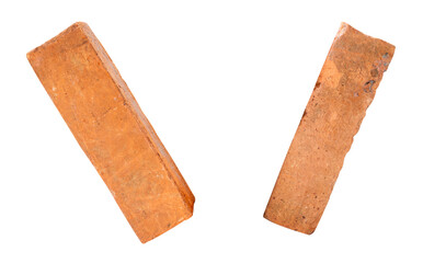 Side view of two cracked old red or orange bricks in set isolated on white background with clipping path