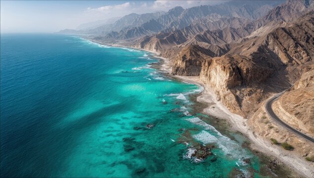 Aerial view of a dramatic coastline turquoise water laps a sandy beach backed by rugged, brown mountains and a winding road