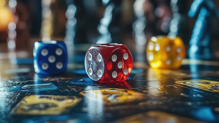 Board game components featuring dice, cards, boards, and miniature figures in creative compositions for strategy, leisure, and tabletop entertainment hobby stock visuals