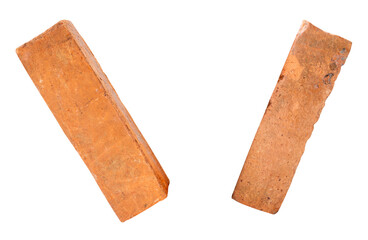 Side view of two cracked old red or orange bricks in set isolated with clipping path in png file format