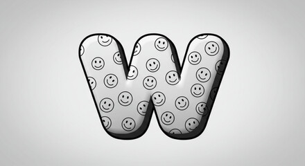 Playful 3D alpha letter W with a black and white smiley face pattern. A fun cartoon font character.