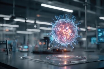 modern laboratory interior featuring a holographic projection of a virus floating above a futuristic workstation