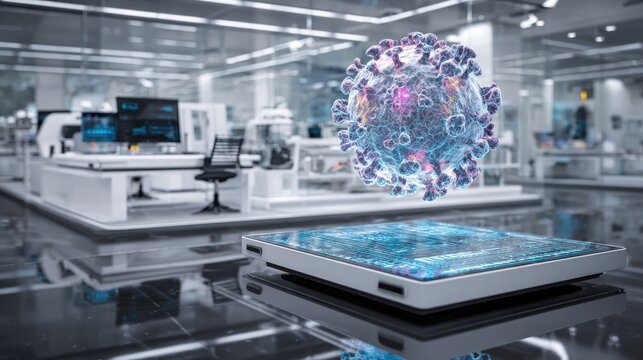 modern laboratory interior featuring a holographic projection of a virus floating above a futuristic workstation