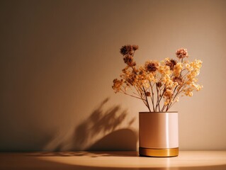 Modern Minimalist Workspace with Warm Touch and Dried Flowers