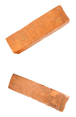 Side view of two cracked old red or orange bricks in set isolated with clipping path in png file format