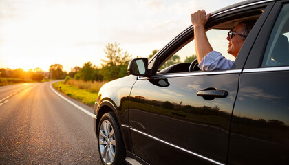 Joyful driver enjoying sunset view from car, personal freedom