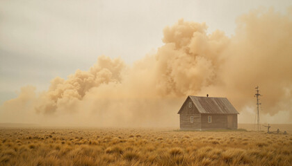Giant dust storm looming over secluded farmhouse in open field, isolation