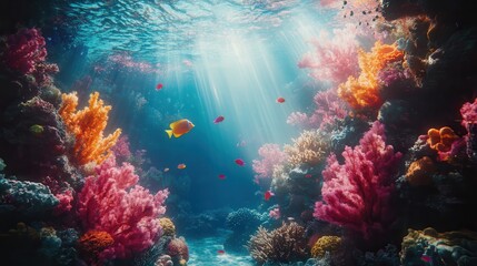 Fototapeta premium Coral reef teeming with colorful fish illuminated by sunlight under the ocean surface
