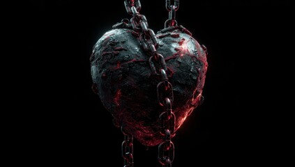 A dark, metallic heart, scarred and bound by heavy chains against a black background, glows with internal red light