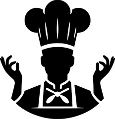 Silhouette of chef with tall hat and apron, kitchen ready and clean