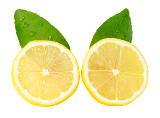 Front view set of ripe yellow lemon fruit or slices in two circles with green leaves isolated on white background with clipping path