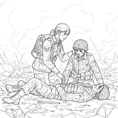 Three soldiers display unity in a battlefield—one injured, two offering support, amid smoke and debris.