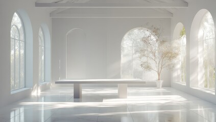 Sunlit minimalist room with arched windows, a low rectangular table, and a small potted tree, all in white tones