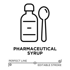 The line icon vector illustrates pharmaceutical syrup. The line icon is isolated on a transparent background and can be edited as needed