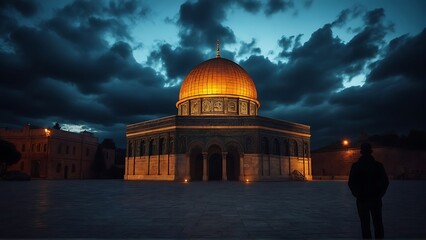 Obraz premium Golden dome of the rock illuminated at dusk with dramatic stormy clouds above