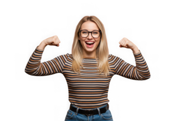 Woman flexing arms with a happy expression on transparent background