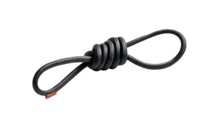 Elastic Rope Loop: An elegantly curved, black elastic rope, knotted into a distinctive loop, isolated, emphasizing the material's flexibility and strength.