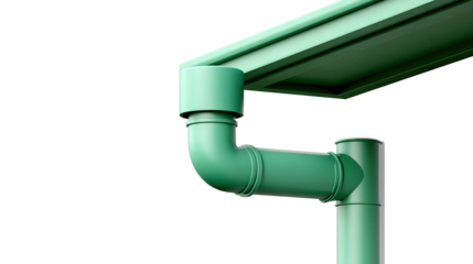 Green Gutter System: An artistic shot of a vibrant green gutter and downspout installation, a modern and architectural solution for efficient water management.