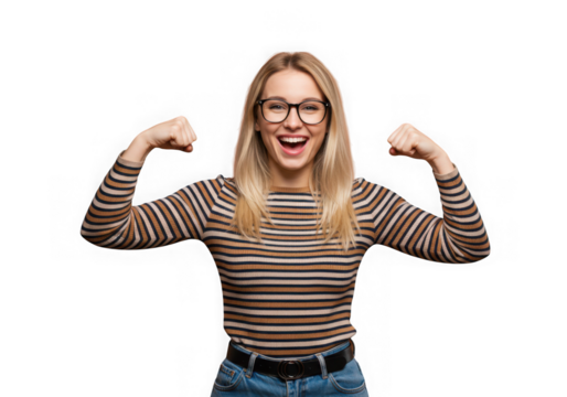 Woman flexing arms with a happy expression on transparent background