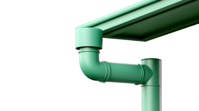 Green Gutter System: An artistic shot of a vibrant green gutter and downspout installation, a modern and architectural solution for efficient water management.