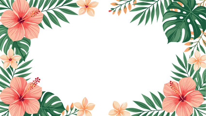 Tropical floral border with hibiscus and palm leaves © Shazid