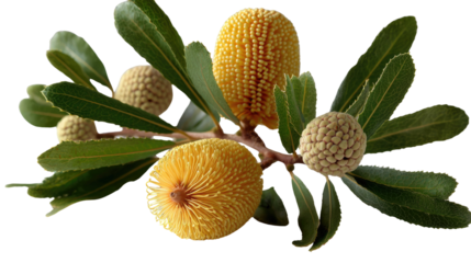 Banksia Bloom: A close-up shot of a vibrant banksia flower branch, showcasing its intricate, textured blooms and lush green foliage. Ideal for nature and floral projects.